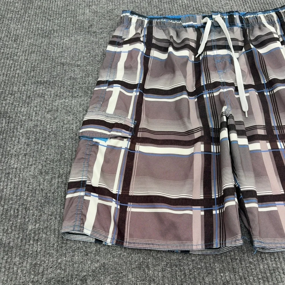 No Fear Board Shorts Mens L Grey Polyester Plaid Cargo Pocket Y2K Skate Surf